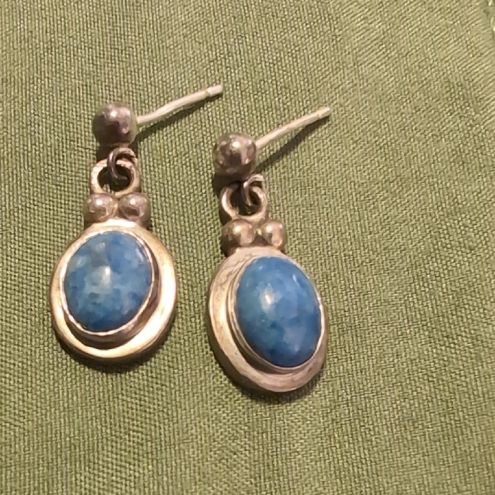 Sterling Silver Blue Stone Dangle Earrings – Signed EP